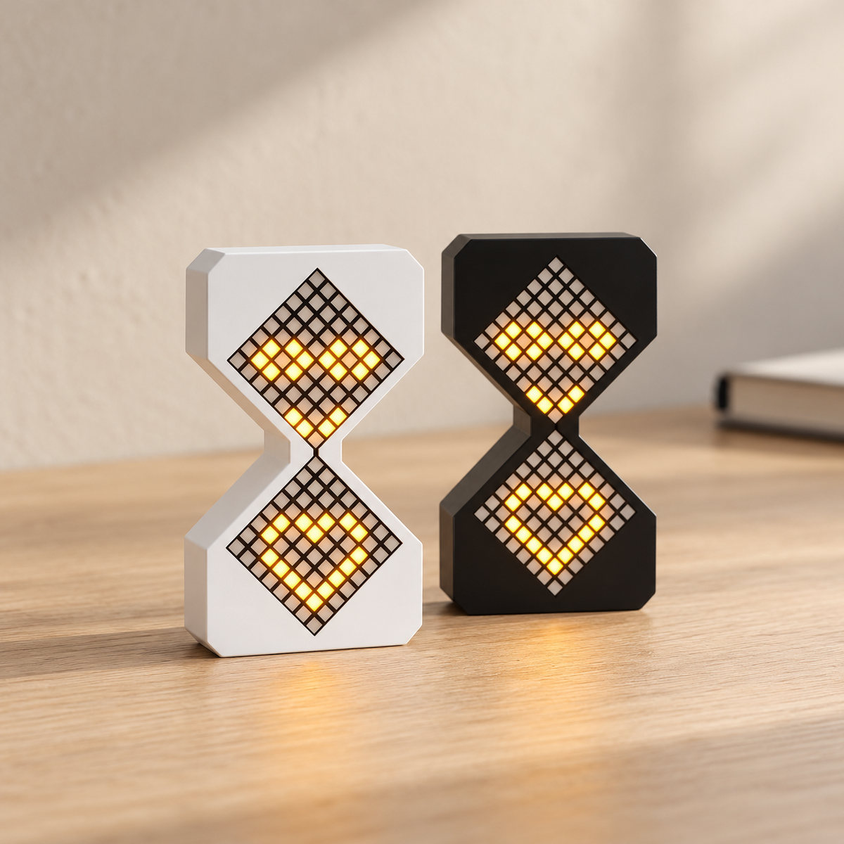 Black and white Tovi hourglass lights on a wooden desk